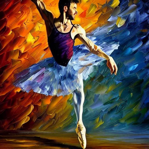 Image similar to palette knife oil painting of a leaping male ballet dancer, extreme detail, style by Leonid Afremov and Degas, artstation, artgerm, deviant art, octane, Substance, art history, photo realistic