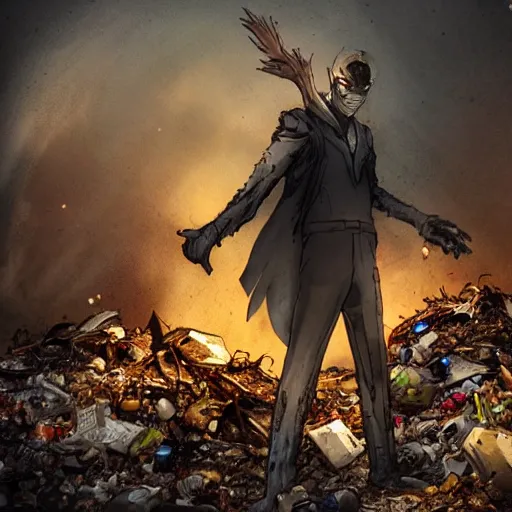 Prompt: Stark AKA Sandman Slim steps out of a pile of burning garbage in an abandoned cemetery. Night. Cinematic lighting. Concept art. Trending on DeviantArt. Dark horror masterpiece.