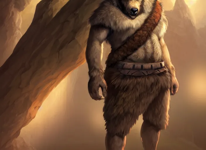 Image similar to burly character portrait feature of the anthro male anthropomorphic wolf fursona animal person wearing tribal primitive caveman outfit belt standing in the entrance to the cave, center framed character design stylized by charlie bowater, ross tran, artgerm, makoto shinkai, detailed, soft lighting, rendered in octane