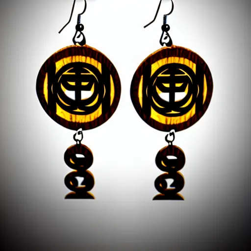 Image similar to 2 d wood lasercut earrings, mystical symbols, 8 k, hd, trending on amazon on artstation, trending on deviantart, trending on etsy, epic digital art