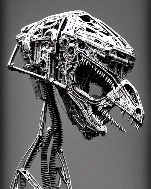 Image similar to mechanical robot trex transformer dinosaur head, bold line symmetrical illustration by peter gric, hr giger, kim jung gi, joe fenton, scifi, screen print, art station, pistons and engine parts, sharp, high contrast, hyper detailed,