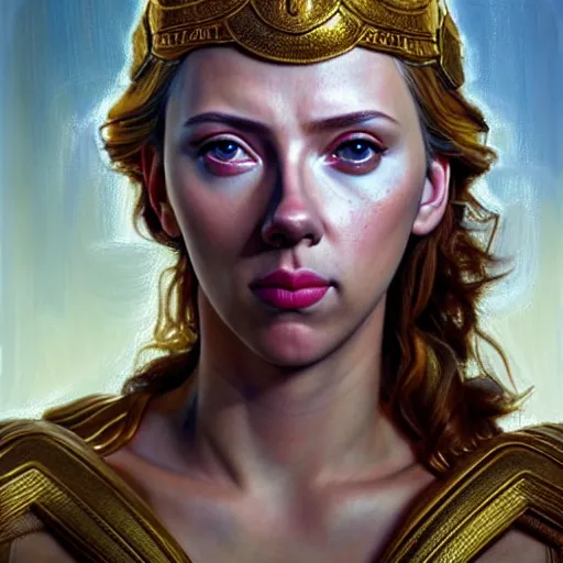 Image similar to hyperrealistic mixed media painting of beautiful goddess Athena played by Scarlett Johansson, stunning 3d render inspired art by P. Craig Russell and Barry Windsor-Smith, perfect facial symmetry, dim volumetric lighting, 8k octane beautifully detailed render, post-processing, portrait, extremely hyper-detailed, intricate, epic composition, brown brown brown eyes, realistic eyes, cinematic lighting, masterpiece, trending on artstation, detailed detailed detailed, masterpiece, stunning