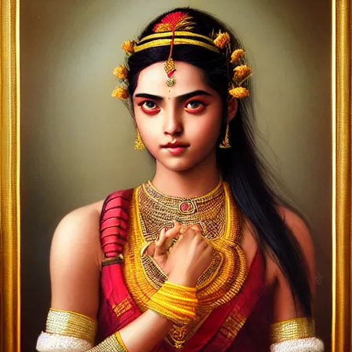 Prompt: beautiful young sita wearing bihu mekhela costume ; portrait by artgerm and tom bagshaw ; trending on artstation ; award winning, cinematic natural dramatic lighting, studio photography by annie leibovitz