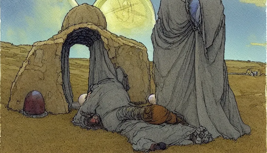 Image similar to a realistic and atmospheric watercolour fantasy concept art of a golden ufo landing on top of stonehenge. a giant medieval monk in grey robes on his knees praying. muted colors. by rebecca guay, michael kaluta, charles vess and jean moebius giraud