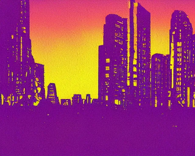 Prompt: futuristic chrome city, violet and yellow sunset, digital photo, atmospheric, whimsical and psychedelic, grainy, expired film, glitched