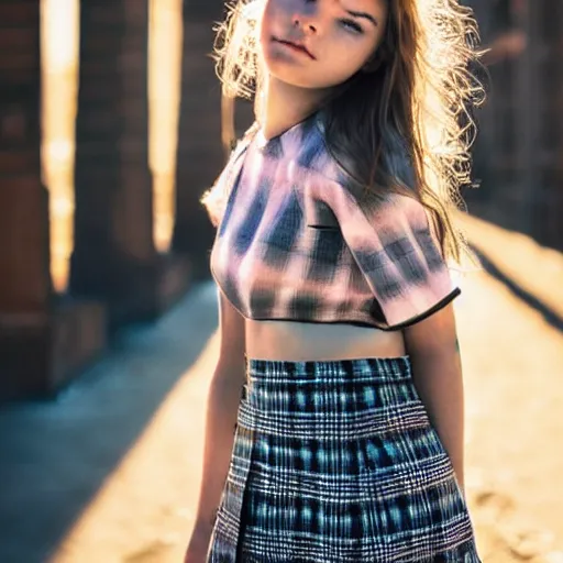 Image similar to female jade weber model teenage photography plaid mini skirt beautiful face, dramatic light darkroom