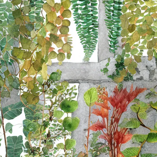 Image similar to delicate marble autumn garden on paper floating puffy vines botanical 1 9 2 0 herbarium botanic watercolors coastline iridescent 8 k wide angle realistic shaded fine details, artstation italian rainbow colonnade oak pinecone gardena architecture pompeii boundary wall