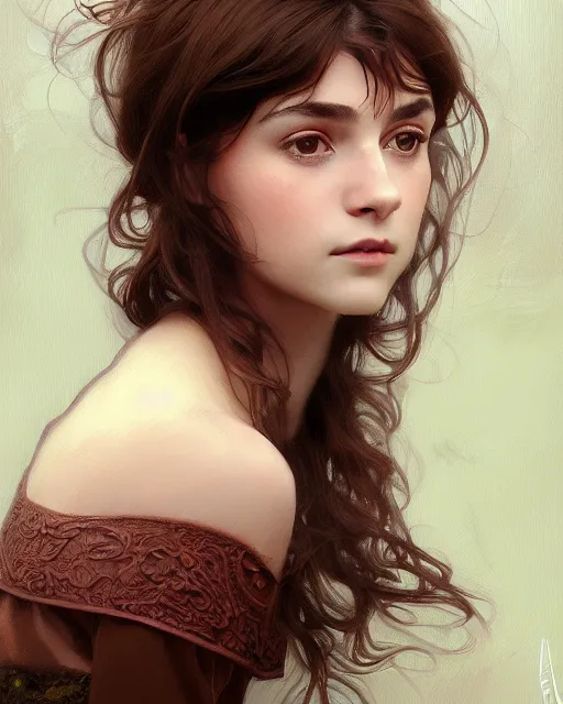 Prompt: portrait of a welsh teenage girl with brown hair, dark brown eyes, glowing skin, delicate features, quiet beauty, amelie poulain, fantasy, intricate, elegant, floral, dress shirt, highly detailed, digital painting, artstation, concept art, smooth, sharp focus, illustration, art by Krenz Cushart and Artem Demura and alphonse mucha