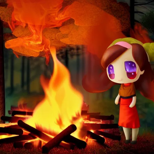 Image similar to cute fumo plush manic happy pyromaniac girl giddily starting a huge bonfire in the forest, stylized pbr anime shader, burning flames, warm glow and volumetric smoke vortices, filmic, rule of thirds composition, vignette, vray