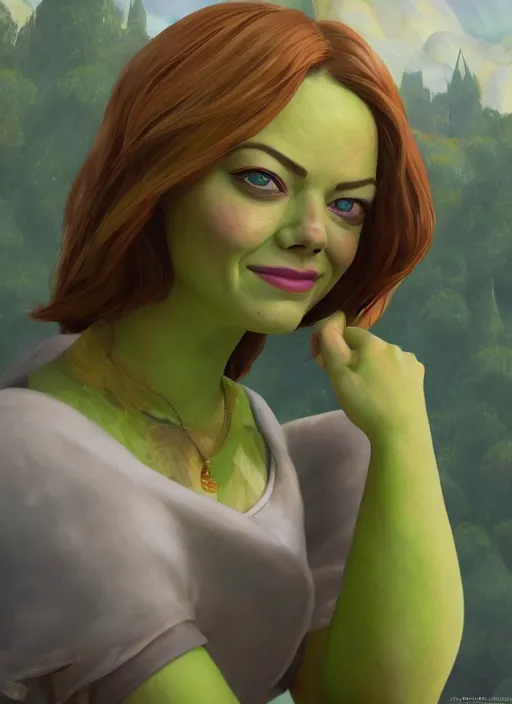 Image similar to portrait of emma stone as shrek, disney style, naturel, hyper detailed, digital art, trending in artstation, cinematic lighting, studio quality, smooth render, unreal engine 5 rendered, octane rendered, art style by klimt and nixeu and ian sprigger and wlop and krenz cushart.