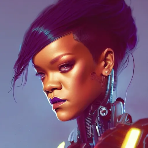 Image similar to cyborg Rihanna profile picture by Greg Rutkowski, dynamic pose, intricate details, futuristic, volumetric lights, streetwear, studio ghibli, Organic Painting , Matte Painting, geometric shapes, hard edges, trending on the artstation, fantasy LUT, realistic by Sachin Teng + Martin Grip + Moebius + Patrick Gleason, smooth, sharp focus, techwear, Industrial Scifi, detailed illustration, character portrait, highly detailed, digital painting, artstation, concept art, soft light, hdri, smooth, sharp focus, illustration, art by tian zi and craig mullins and WLOP and alphonse much,