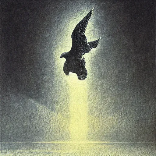 Prompt: flying birds, shining light, by beksinski, shining light, strong perspective, clear geometry, architecture, Award winning. Masterpiece, detailed illustration