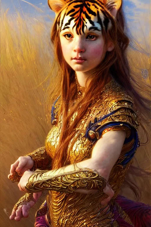 Image similar to highly detailed full shot portrait of a enchanted tiger in the form of a beautiful young princess. d & d, art by donato giancola and ruan jia and carl larsson and magali villeneuve. trending on artstation, intricate details, energetic composition, golden ratio, concept art, illustration, elegant art