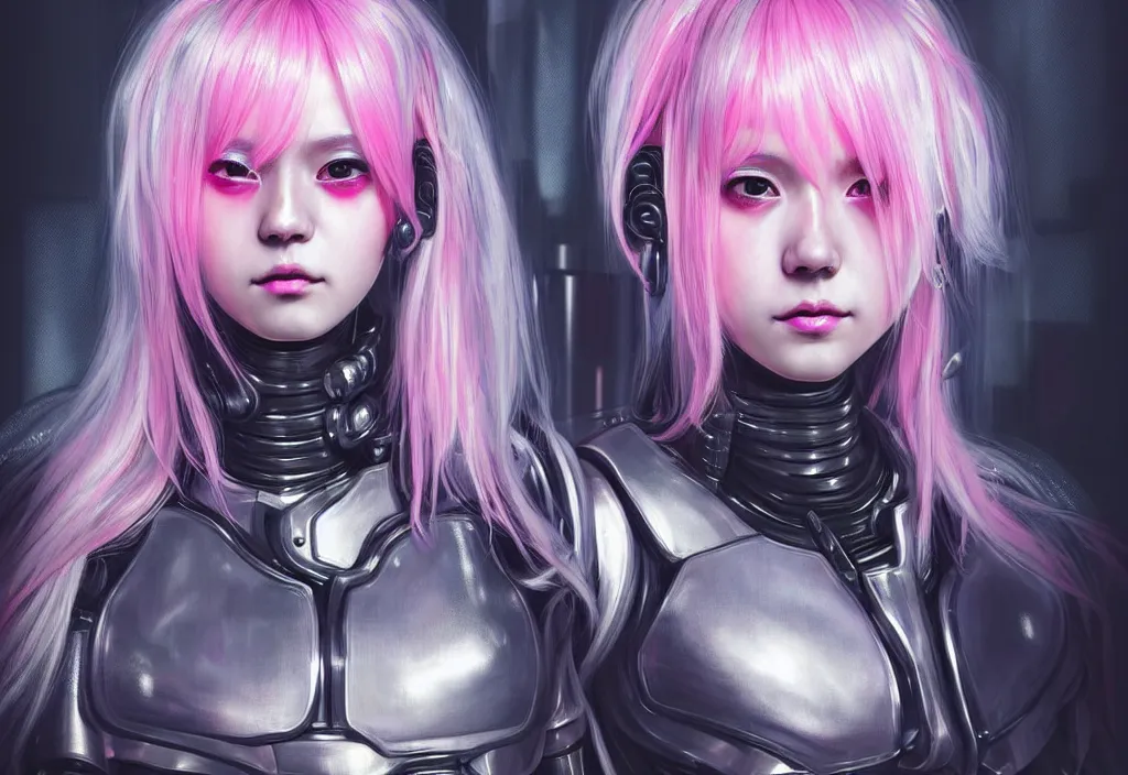 Image similar to portrait grey pink hair futuristic armor police girl, metallic black and little yellow color uniform, at cyberpunk lights shibuya japan reflected night, ssci - fi, neon light and fantasy, intricate and beautiful, highly detailed, cyber concept art, digital painitng, artstation, smooth and sharp focus, illustration, art by tian zi and wlop and alphonse mucha