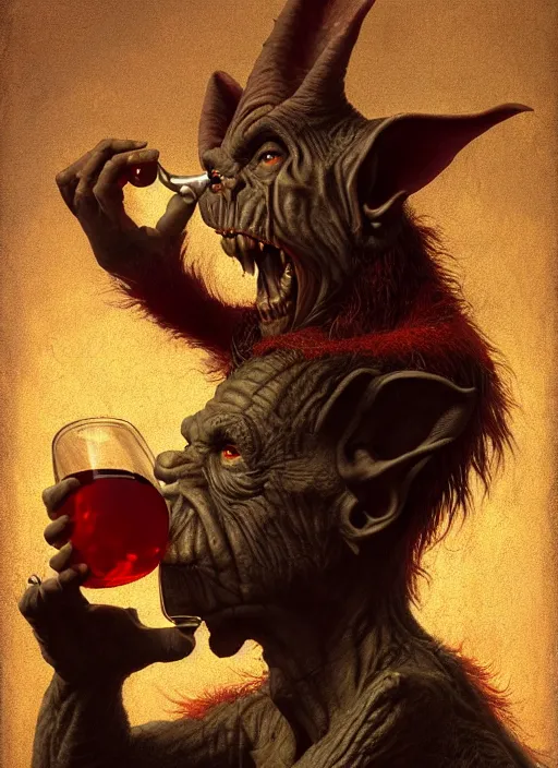 Image similar to highly detailed closeup portrait of a medieval goblin drinking wine, stephen bliss, unreal engine, greg rutkowski, ilya kuvshinov, ross draws, hyung tae and frank frazetta, tom bagshaw, tom whalen, nicoletta ceccoli, mark ryden, earl norem, global illumination, god rays, detailed and intricate environment