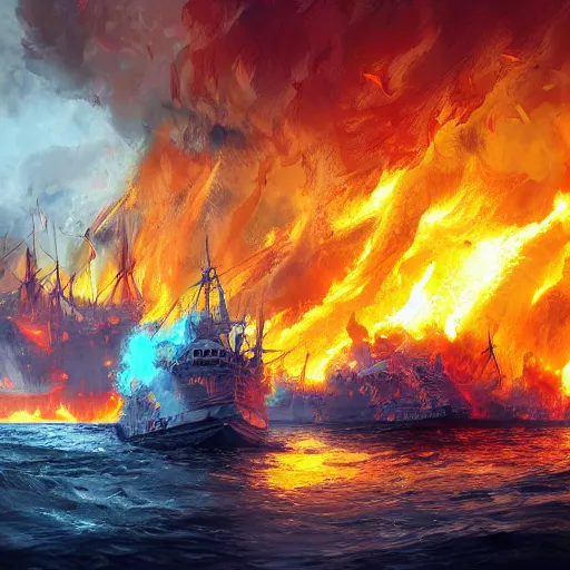 Prompt: Ships on fire, digital painting, high detail, trending on Artstation