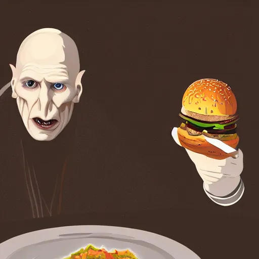 Image similar to Lord Voldemort eating a cheeseburger, photo realistic, award-winning, highly-detailed, epic, cinematic, dramatic