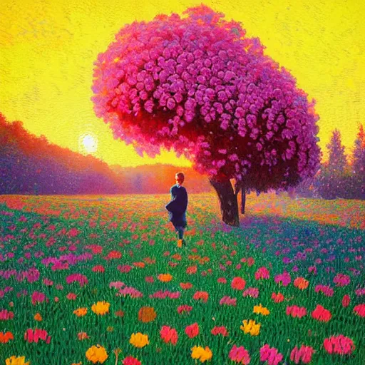 Image similar to head made of flowers, standing in a flower field, big trees, sunrise dramatic light, impressionist painting, colorful clouds, digital painting, pointillism, artstation, simon stalenhag