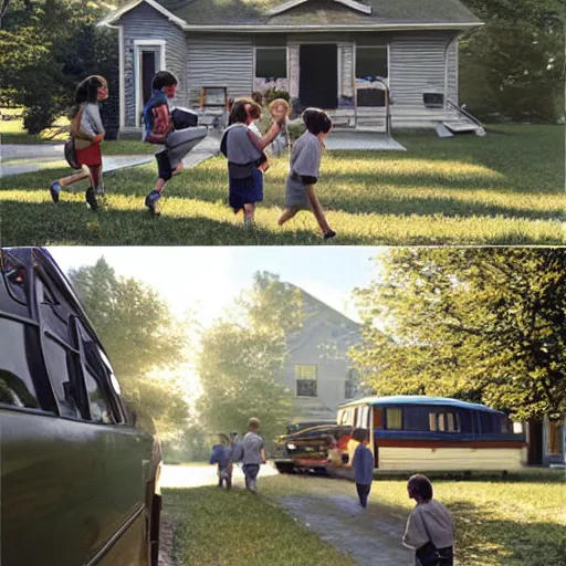 Image similar to photorealistic first day of school, sunny day, kids arriving to school, highly detailed, by Gregory Crewdson