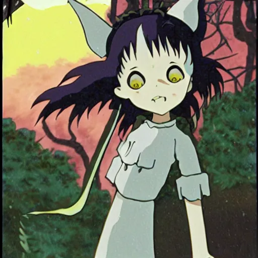 Image similar to an anime film vhs cover for a film by miyazaki of studio ghibli and tim burton, of a pastel goth vampire bat woman learning how to live in an empty cottage by herself in the middle of the woods, old vintage vhs, scan lines, grainy quality, real anime, fairies