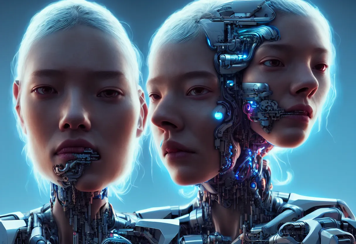 Prompt: portrait of a female cyborg. intricate abstract. intricate artwork, by tooth wu, wlop, beeple, dan mumford. concept art, octane render, trending on artstation, greg rutkowski very coherent symmetrical artwork. cinematic, key art, hyper realism, high detail, octane render, 8 k, iridescent accents