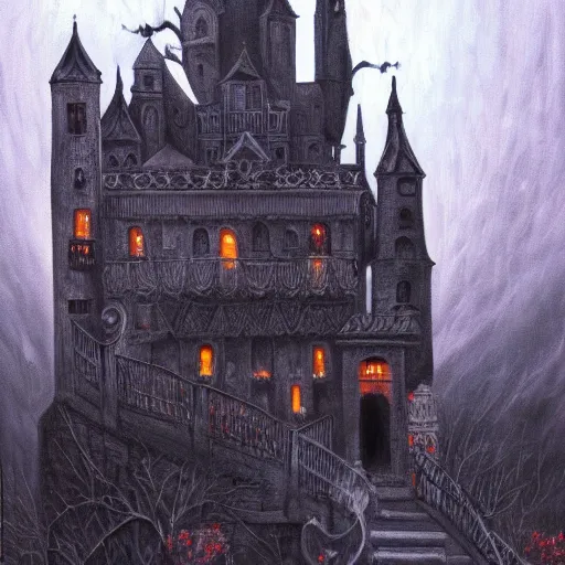 Image similar to dark and eerie gothic castle, extremely detailed, oil painting