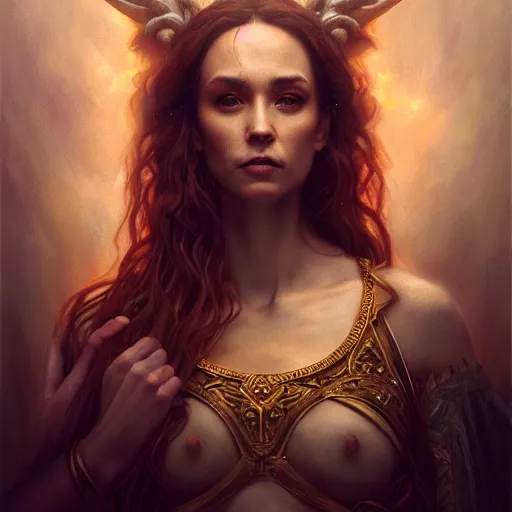 Image similar to majestic gracious regal seductive hekate portrait, ancient greece, atmospheric lighting, painted, menacing, intricate, volumetric lighting, beautiful, rich deep colours masterpiece, golden hour, sharp focus, ultra detailed, by leesha hannigan, ross tran, thierry doizon, kai carpenter, ignacio fernandez rios