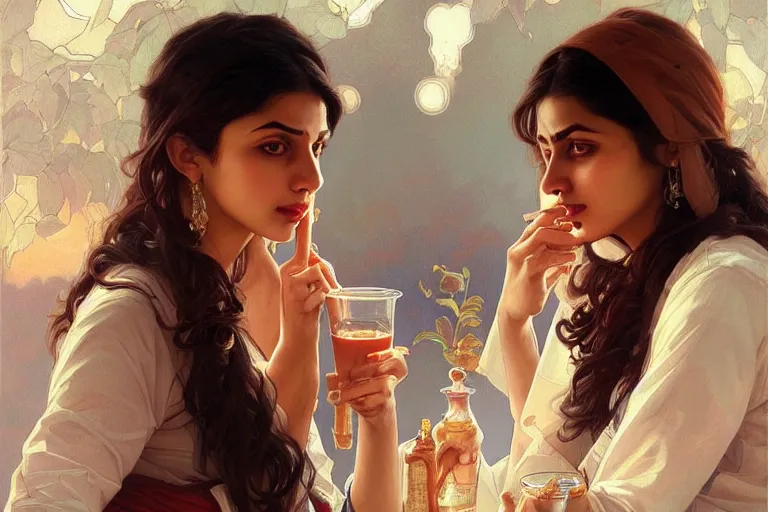 Image similar to Anxious good looking pale young Indian doctors drinking, portrait, elegant, intricate, digital painting, artstation, concept art, smooth, sharp focus, illustration, art by artgerm and greg rutkowski and alphonse mucha