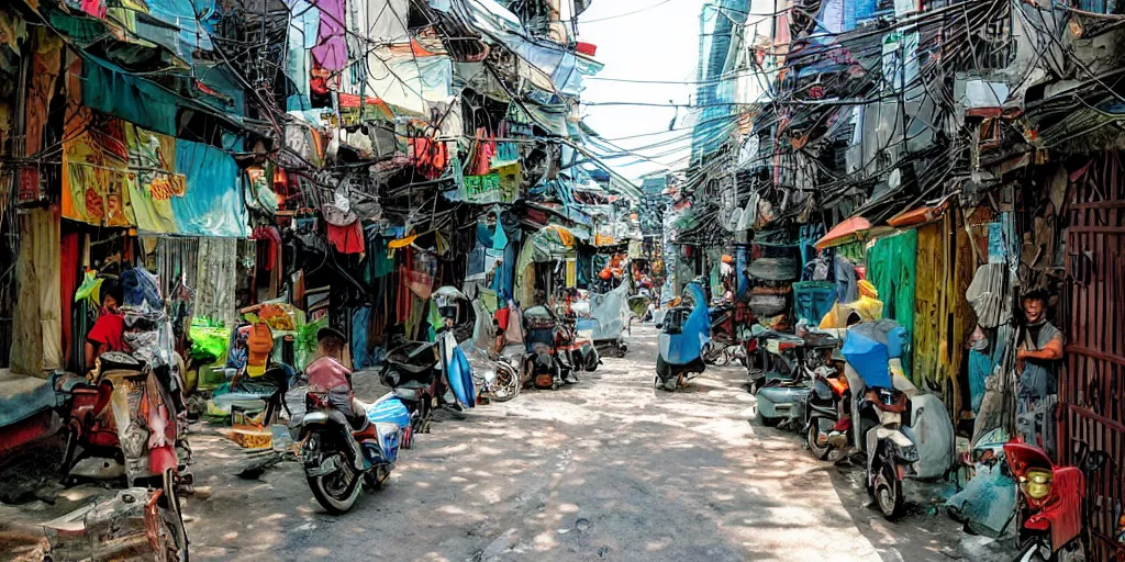 Prompt: alleyway vietnam hot summer day in the style of a comic book