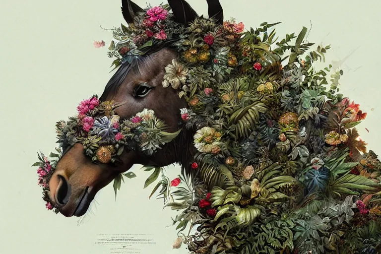 Prompt: a stunning horse made of plants by sandra chevrier and greg rutkowski, high key lighting, volumetric light, digital art, highly detailed, fine detail, intricate, ornate, complex, octane render, unreal engine, photorealistic