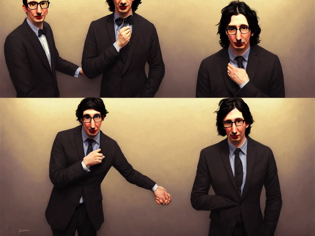 Image similar to photo booth, painting of both john oliver and adam driver together, john oliver in front, full body, elegant, beautiful, highly detailed, centered, dark, smokey, digital painting, concept art, smooth, sharp focus, illustration, deviant art, art by artgerm, art by greg rutkowski, art by alphonse mucha