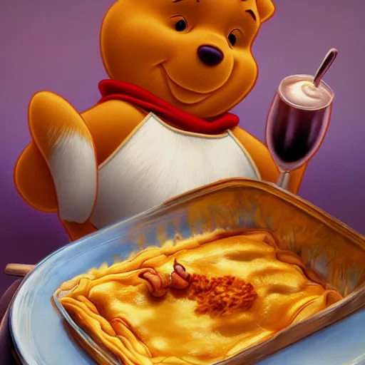 Image similar to president winnie the pooh eating lasagne, award winning photography, extremely detailed, artstation, 8 k, sensual lighting, incredible art, wlop, artgerm