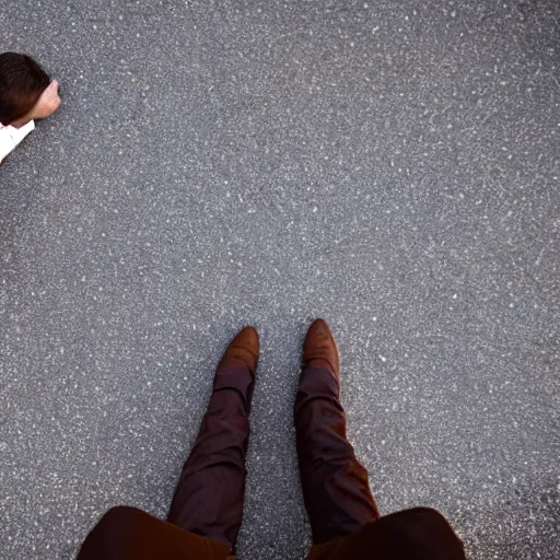 Prompt: Andy Richter is wearing a chocolate brown suit and necktie. Andy is lying flat on a concrete ground. Ariel view.