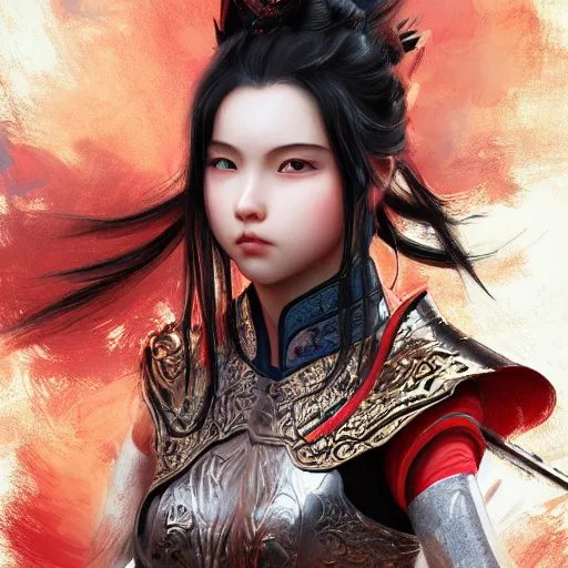 Image similar to portrait black hair young knights of Dynasty Warriors girl, metallic red armor, in ruin fire great wall sunset, ssci-fi and fantasy, intricate and very beautiful and elegant, highly detailed, digital painting, soft light, artstation, concept art, smooth and sharp focus, illustration, art by tian zi and WLOP and alphonse mucha