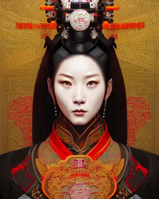 Image similar to portrait of a chinese cyberpunk machine, machine face, upper half portrait, decorated with chinese opera motifs, regal, asian, fine china, wuxia, traditional chinese art intricate intense elegant 京 剧 highly detailed digital painting artstation concept art smooth sharp focus illustration, art by artgerm and greg rutkowski alphonse mucha 8 k