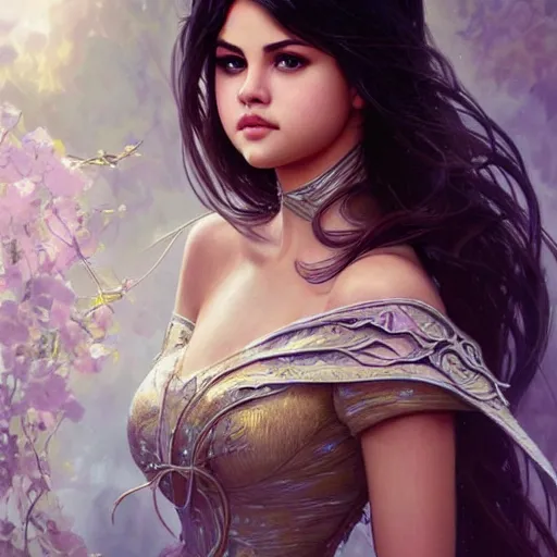 Prompt: selena gomez, fantasy, intricate, elegant, highly detailed, digital painting, artstation, concept art, smooth, sharp focus, illustration, art by artgerm and greg rutkowski and alphonse mucha