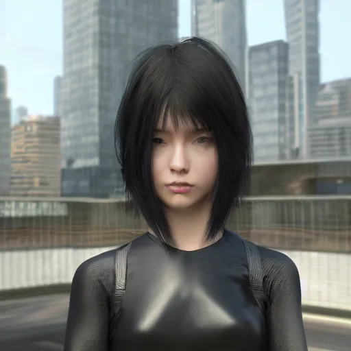 Prompt: « attractive, middle length hair, black hair, girl, photorealistic, unreal engine 5, highly detailed, sharpe focus, front view, ghost in the shell, building skyscraper in the background »