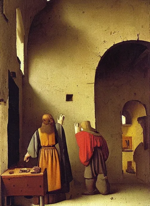 Image similar to medieval forge, medieval painting by Jan van Eyck, Johannes Vermeer, Florence