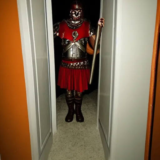 Prompt: grainy photo of a roman centurion as a creepy monster in a closet, harsh flash