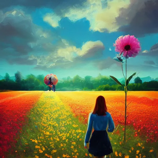 Image similar to giant flower as a head, girl walking in flower field, surreal photography, sunrise, dramatic light, impressionist painting, colorful clouds, digital painting, artstation, simon stalenhag