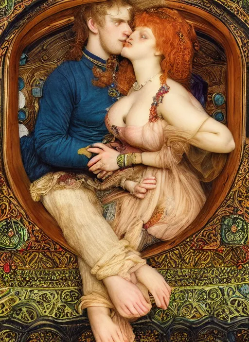 Image similar to detailed colourful masterpiece of intricate preraphaelite art novueau photography couple portrait sat down extreme closeup, love, inside an underwater train, detailed realistic expressions, wearing unusual clothes, by ford madox brown, ultra wide angle