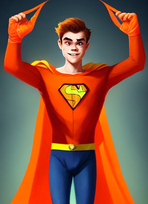 Image similar to kind teenage archie andrews wearing an orange superhero costume, superhero costume with heart emblem, cape, intricate, elegant, glowing lights, highly detailed, digital painting, artstation, sharp focus, illustration, art by wlop, mars ravelo and greg rutkowski