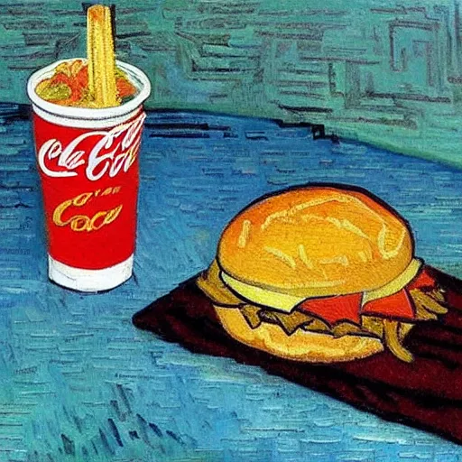 Image similar to cheeseburger menu with fries and coke painting by van gogh