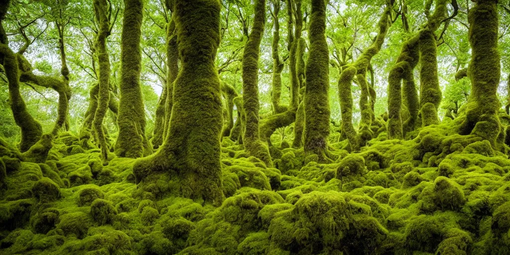 Image similar to photo of a landscape with lush forest, wallpaper, very very wide shot, iceland, new zeeland, green flush moss, national geographic, award landscape photography, professional landscape photography, iwagumi design, big sharp rock, ancient forest, primordial, sunny, day time, beautiful