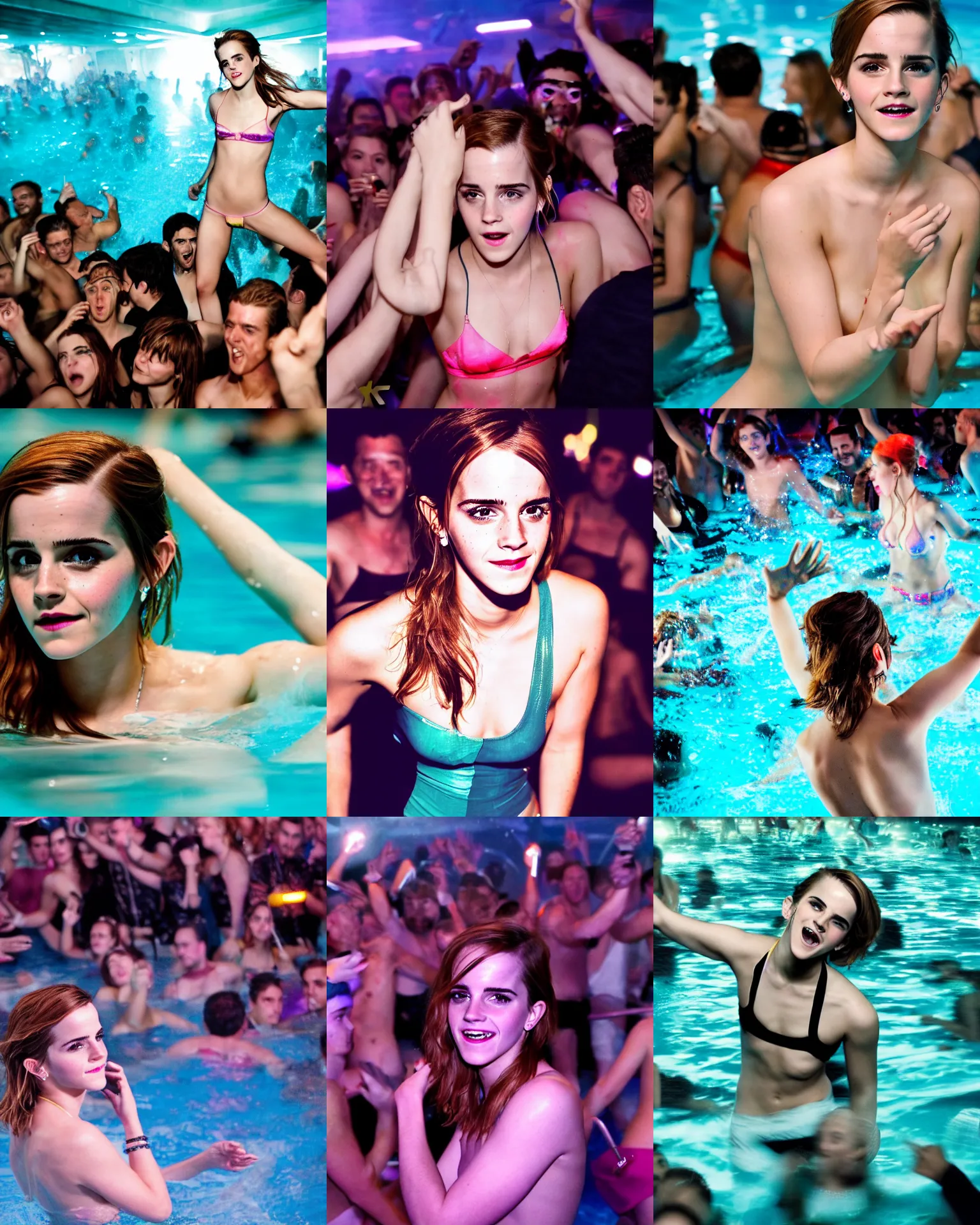 Prompt: a 4 k photo of a super drunk emma watson having fun being the center of attention in a crowded pool party filled with people in a modern indoors pool with cyberpunk illumination at night. 4 k photo. sensual. hyper realistic