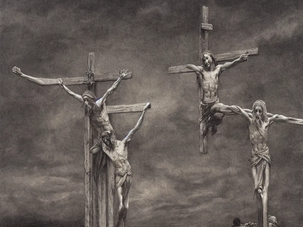 Image similar to jesus christ crucifixion by beksinski, fantasy, scary, award winning 8k