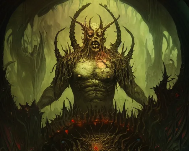 Image similar to 4 k cinematic still portrait of a demon in a dark liminal space room, nurgle rot, deep focus, d & d, fantasy, intricate, repulsive, highly detailed, digital art, art station, concept art, matte, sharp focus, illustration, dark fantasy art, hearthstone, art by artgerm and greg rutkowski and alphonse mucha