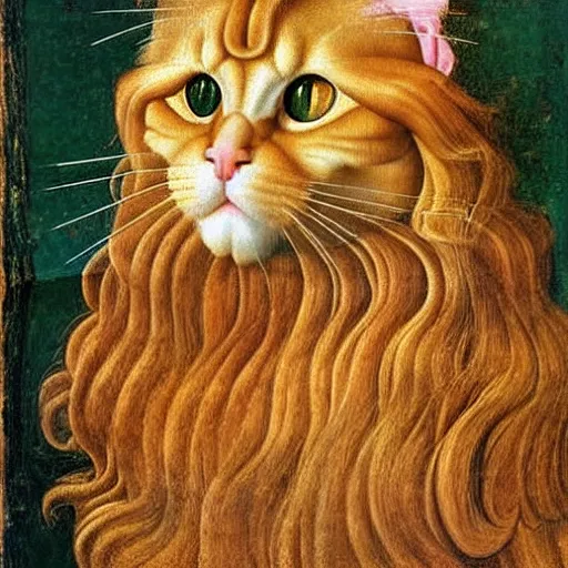 Image similar to beautiful renaissance painting portrait of ginger maine coon by sandro botticelli, jan van eyck, tiziano vecelli, piero della francesca