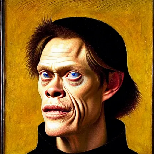 Image similar to portrait of the son of chris hemsworth willem dafoe steve buscemi, oil painting by jan van eyck, northern renaissance art, oil on canvas, wet - on - wet technique, realistic, expressive emotions, intricate textures, illusionistic detail