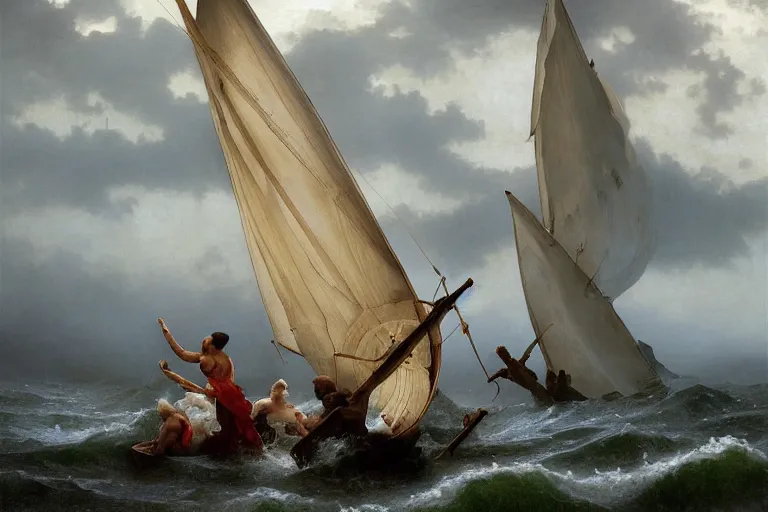 Image similar to ancient historically accurate depiction of Bible Character walking on water during a storm, a small fishing sailboat with scared sailors on board, dramatic lighting by frank miller, illustration by Ruan Jia and Mandy Jurgens and William-Adolphe Bouguereau, Artgerm, 4k, digital art, surreal, space dandy style, highly detailed, godsend, artstation, digital painting, concept art, smooth, sharp focus, illustration by Ruan Jia and Mandy Jurgens and William-Adolphe Bouguereau, Artgerm